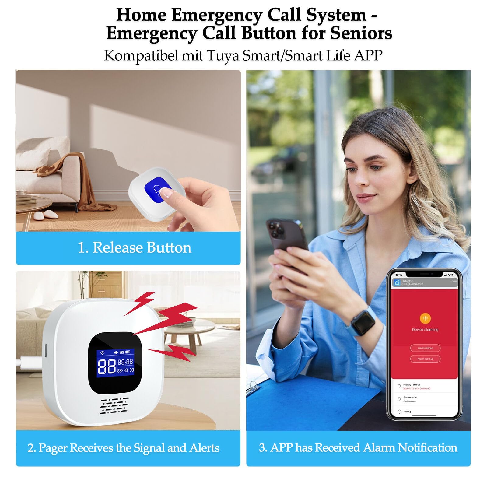 Sistema Salvavita WiFi Per Anziani WIOONI - Pulsante SOS, Notifiche Su App, Per Assistenza A Domicilio