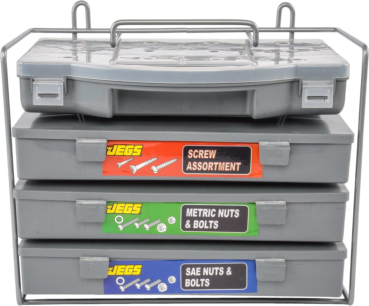 JEGS Screw & Bolt Assortment | 1200 Pieces | Includes Wood, Sheet Metal, Machine, And Hex Head Set Screws Along With Nuts, Bolts, And Washers | Organized In Four Labeled Hardware Cases
