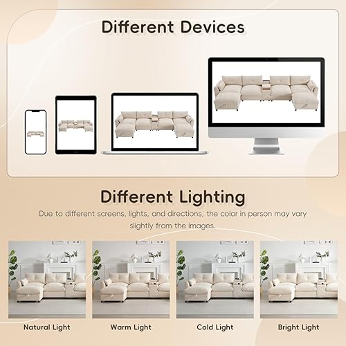 Miniatura 7 de 136'' Modular 6 Seat Sectional Sofa with Console, Cup Holder and USB Charger, U-Shaped Oversized Chenille Sofa with Movable Storage Ottoman and