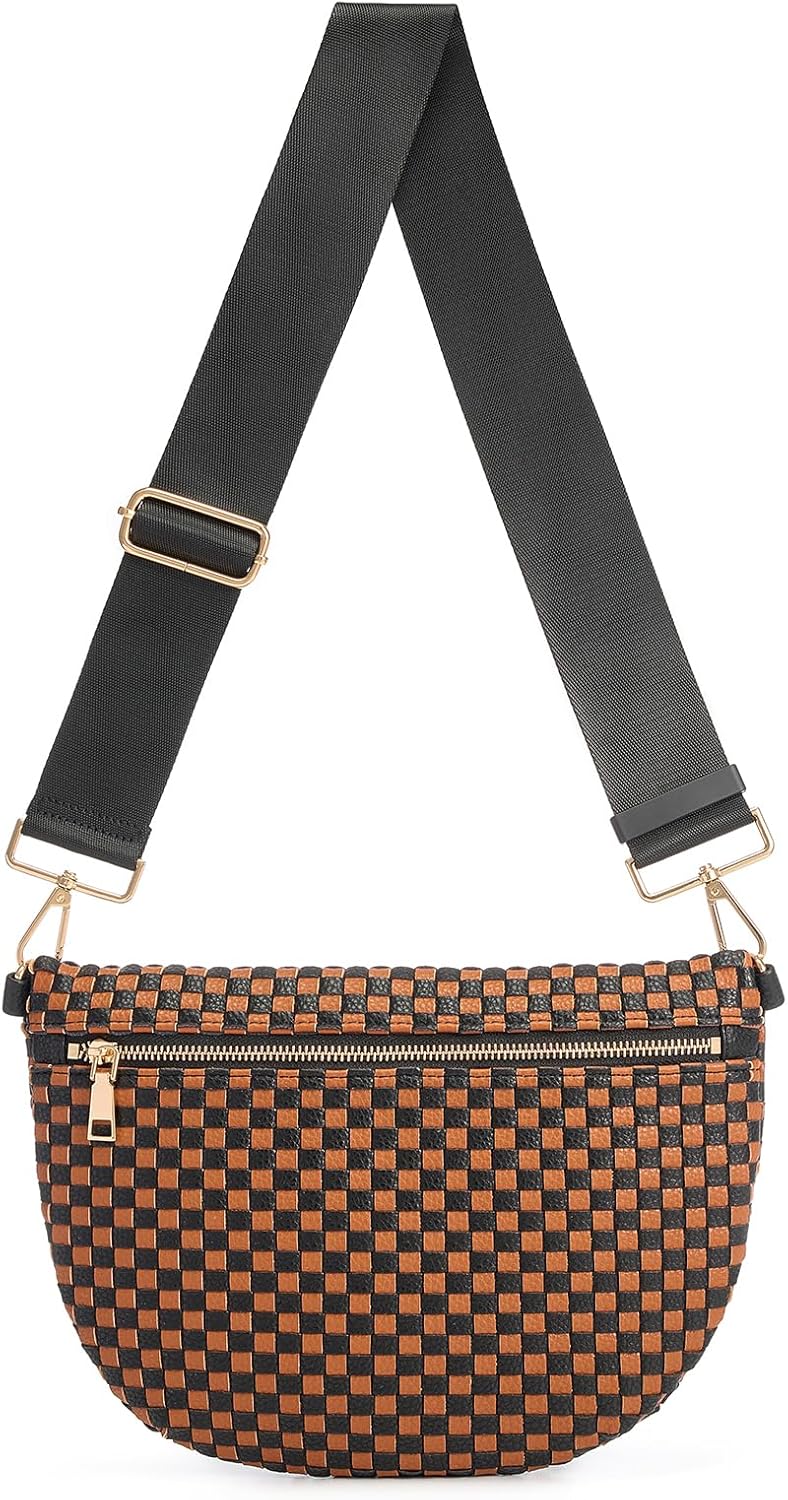 Woven Crossbody Bags For Women, Checkered Fashion PU Bum Bag Waist Pack, Travel Sling Purse with Adjustable Strap(Black and Brown)