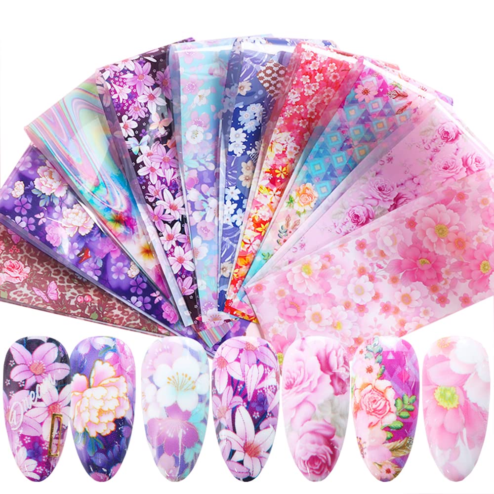 S.A.V.I 10 Sheets Flowers Nail Foil Transfer Sticker DIY Holographic Colorful Nail Decoration Nail Foil Wraps Decal for Fingernails Women, 20x4 CM per Sheet-image-41