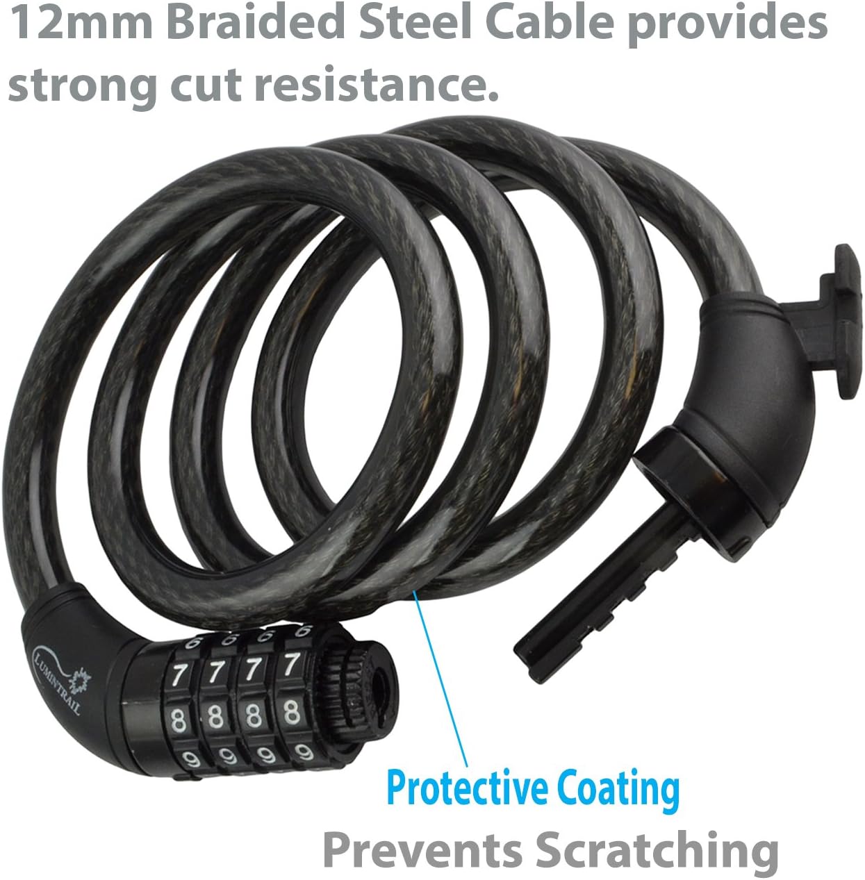 Lumintrail Bike Cable Lock, Self Coiling 12mm Braided Steel Cable Resettable Combination Cable Lock with Included Mounting Bracket (2-Pack) : Sports & Outdoors