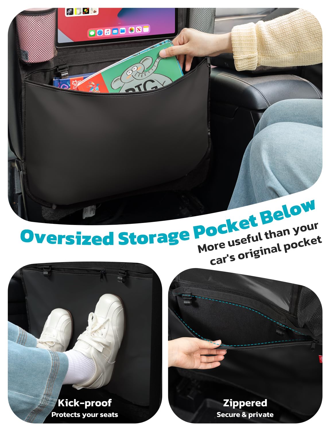 Oasser - Protector organizador para asiento trasero del coche, 2 unidades, talla XL, con 1 caja de pañuelos, soporte transparente para iPad de 10 pulgadas y 3 grandes organizadores de almacenamiento.