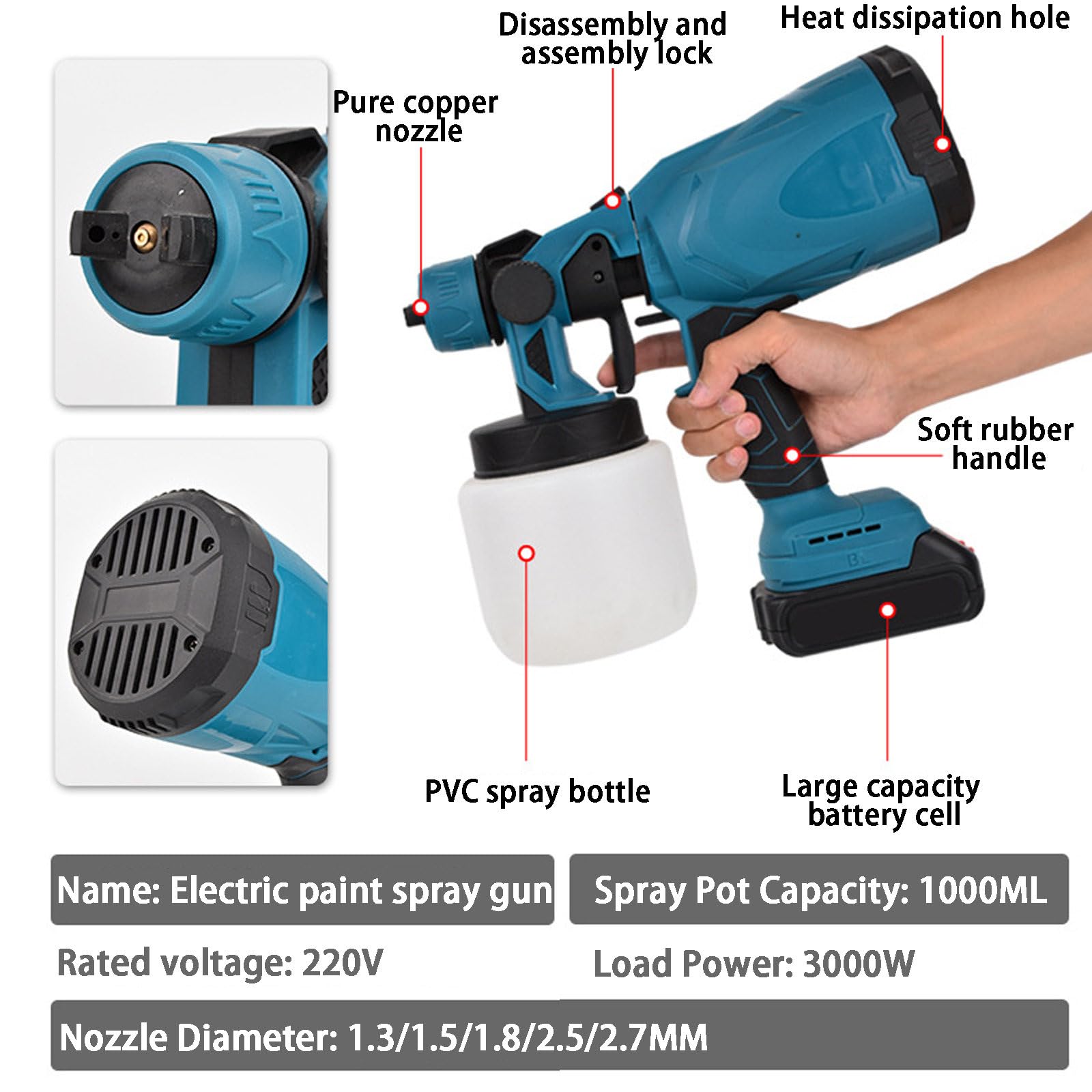 Wysokiej Mocy Akumulatorowy Pistolet Natryskowy, Akumulatorowy Pistolet Natryskowy, z Pojemnikiem 1000ML, Pistolety Natryskowe do Mebli Domowych, Szafek, Krzeseł Ogrodowych Itp.,battery*2