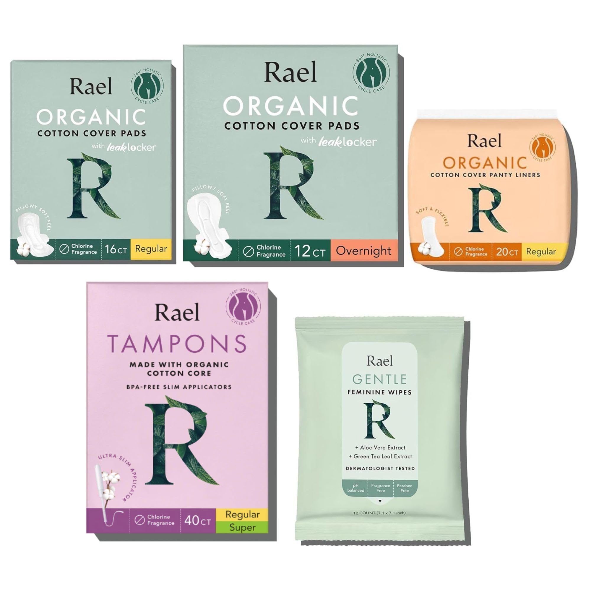 Rael Period Value Pack - Organic Cotton Cover Pads (Regular 16ct & Overnight 12ct), Panty Liners (20ct), pH Balanced Feminine Wipes (10ct) & BPA-Free Slim Applicator Tampons (Regular & Super, 40ct)