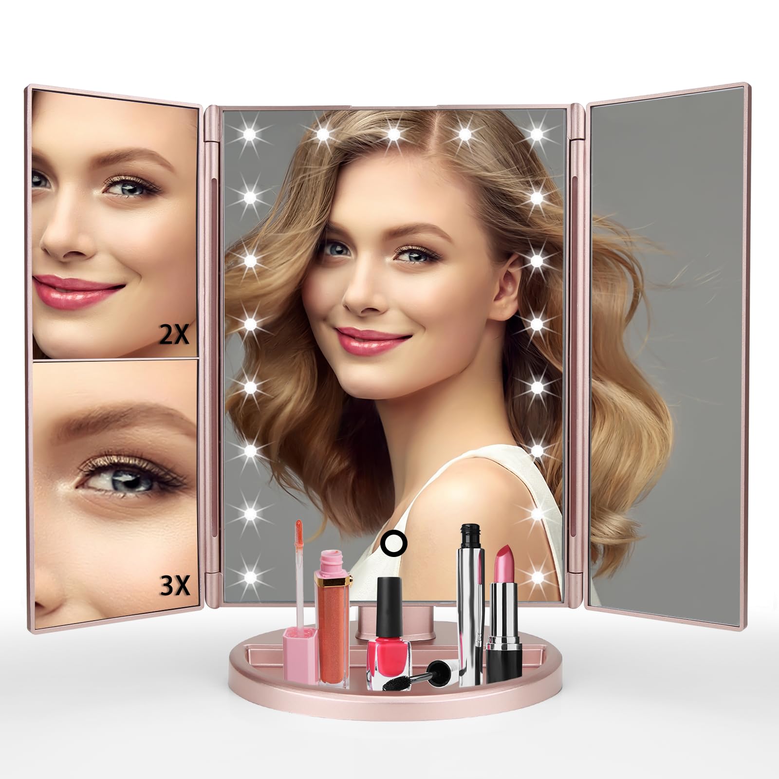 JAMIEWIN Lighted Makeup Mirror 3X/2X/1X Magnification 21 LED Trifold Vanity Mirror with Touch Sensor Dimming Portable Travel Mirror Best Xmas Gifts for Women Girls