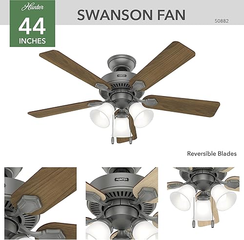 Miniatura 4 de Hunter Fan Company, 50882, 44 inch Swanson Matte Silver Ceiling Fan with LED Light Kit and Pull Chain