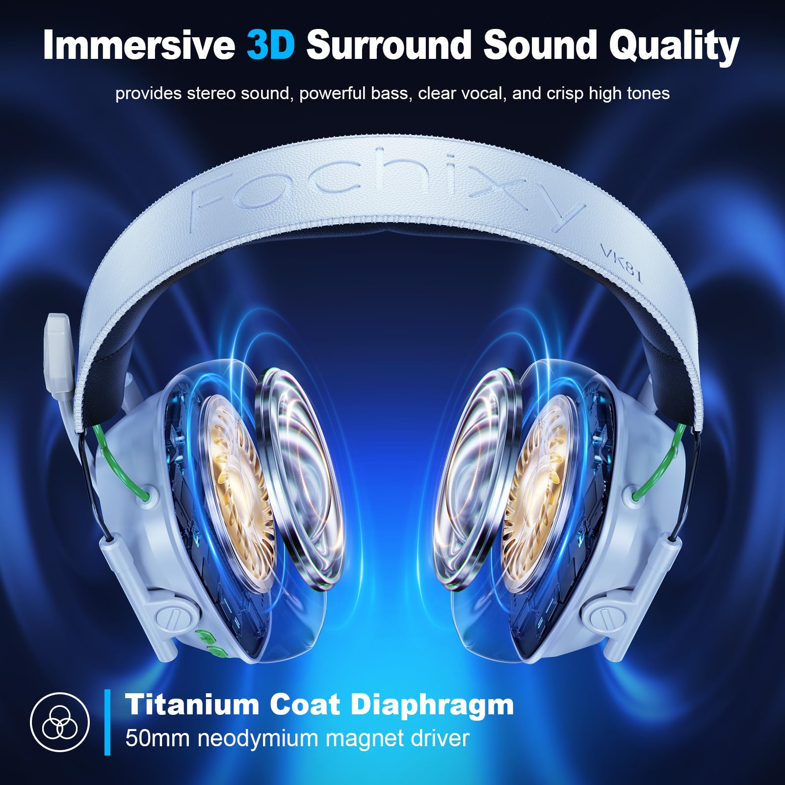 Fachixy Cuffie da gioco wireless per PS4, PS5, Switch, PC, Mac, laptop, 60H, 2,4 GHz, con microfono a cancellazione del rumore, cuffie Bluetooth senza fili con luci LED, suono surround