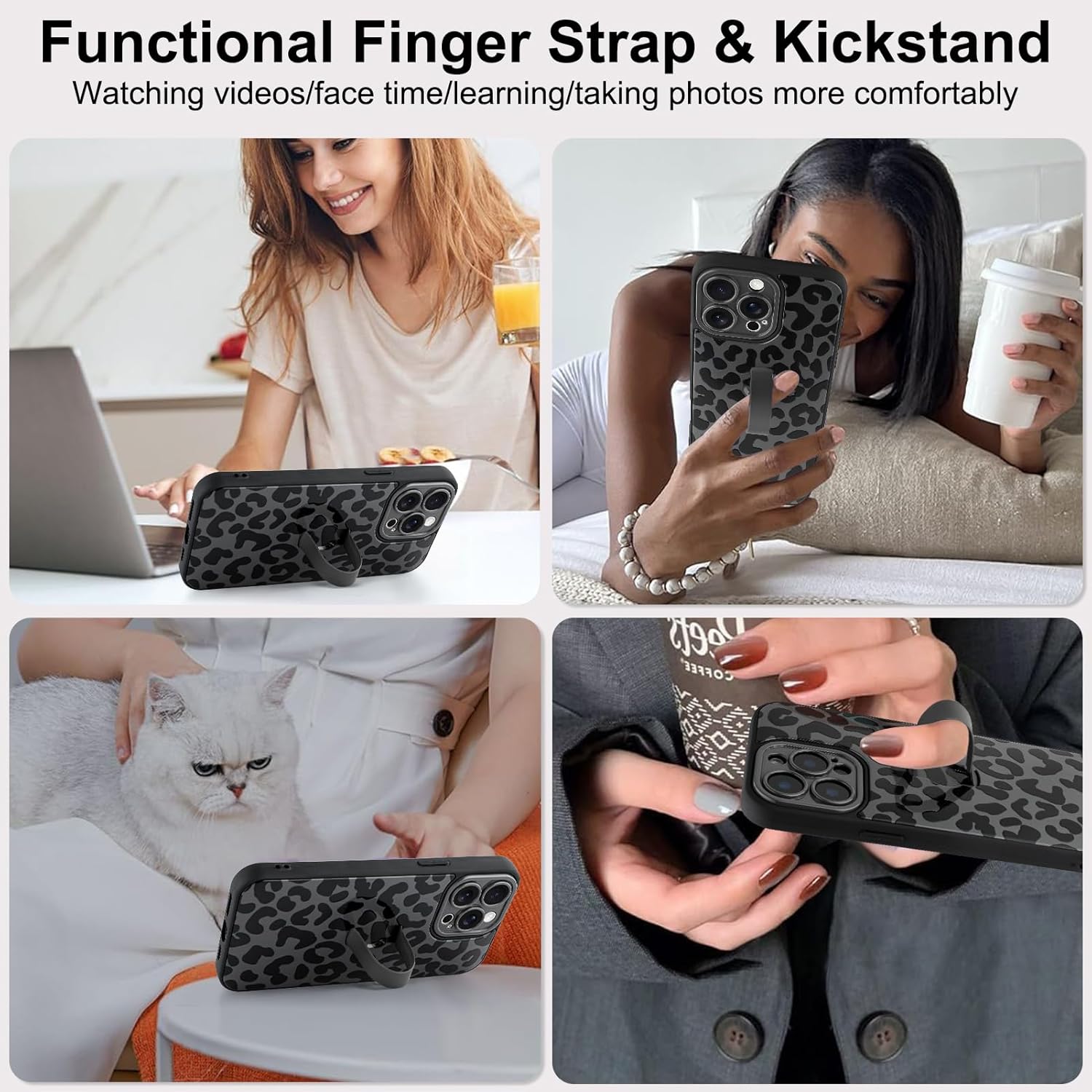Compatible with iPhone 14 Pro Case with Finger Hand Strap Kickstand, Trendy Cool Leopard Cheetah Print Phone Case for Women Men, Full Camera Protection Shockproof Protective Cover, Black - Image 5