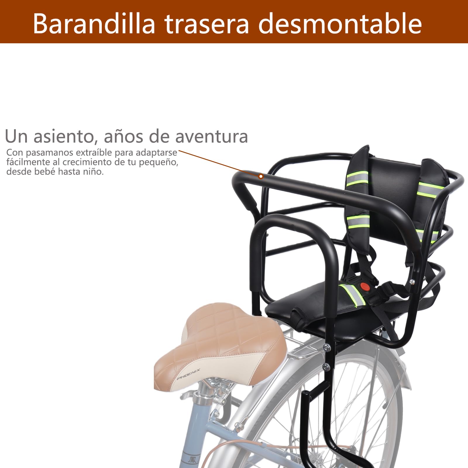 QMD Asiento Trasero para Bicicleta Infantil, Asiento para Bicicleta Infantil con Pedales, Respaldo y pasamanos, diseñado para niños de 18 Meses a 8 años, fácil instalación.