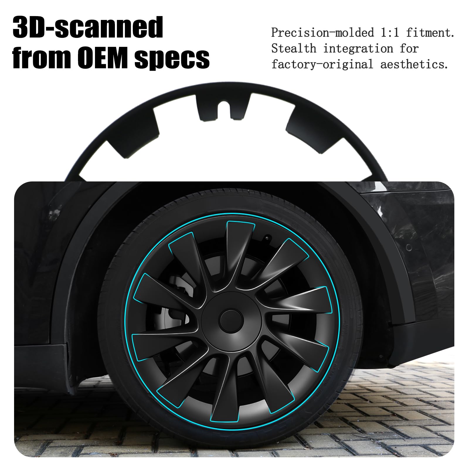 Copricerchi protettivi per Tesla Model Y 20 pollici (2020-2024), facili da installare, anelli di rivestimento resistenti ai graffi, design elegante per ruote a induzione, nero opaco, 4 pezzi accessori