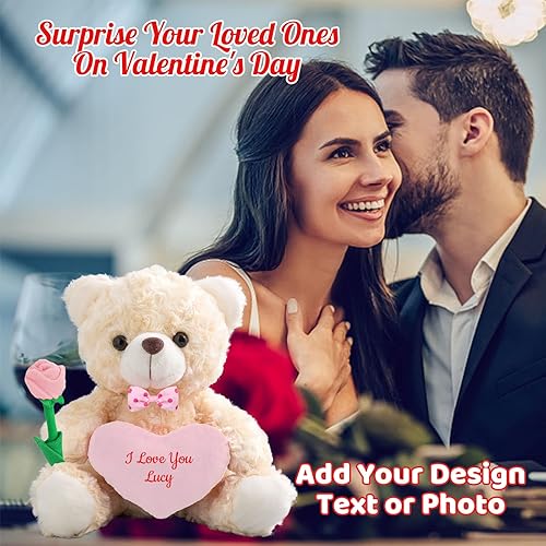 Miniatura 5 de Oso de peluche personalizado con foto y texto personalizado en el corazón, oso de peluche de San Valentín con lazo y rosa como regalo Im Sorry para