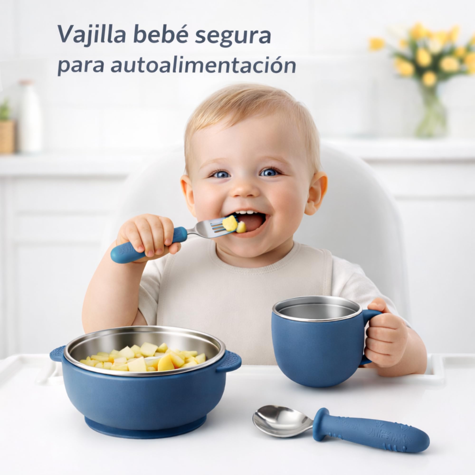NENAVIBE Juego bebé 4 piezas acero inoxidable | Bol con ventosa, taza con asa y cubiertos BLW | Antideslizante, silicona desmontable, apto lavavajillas y sin olores | regalo 6 meses (Azul) — view 7