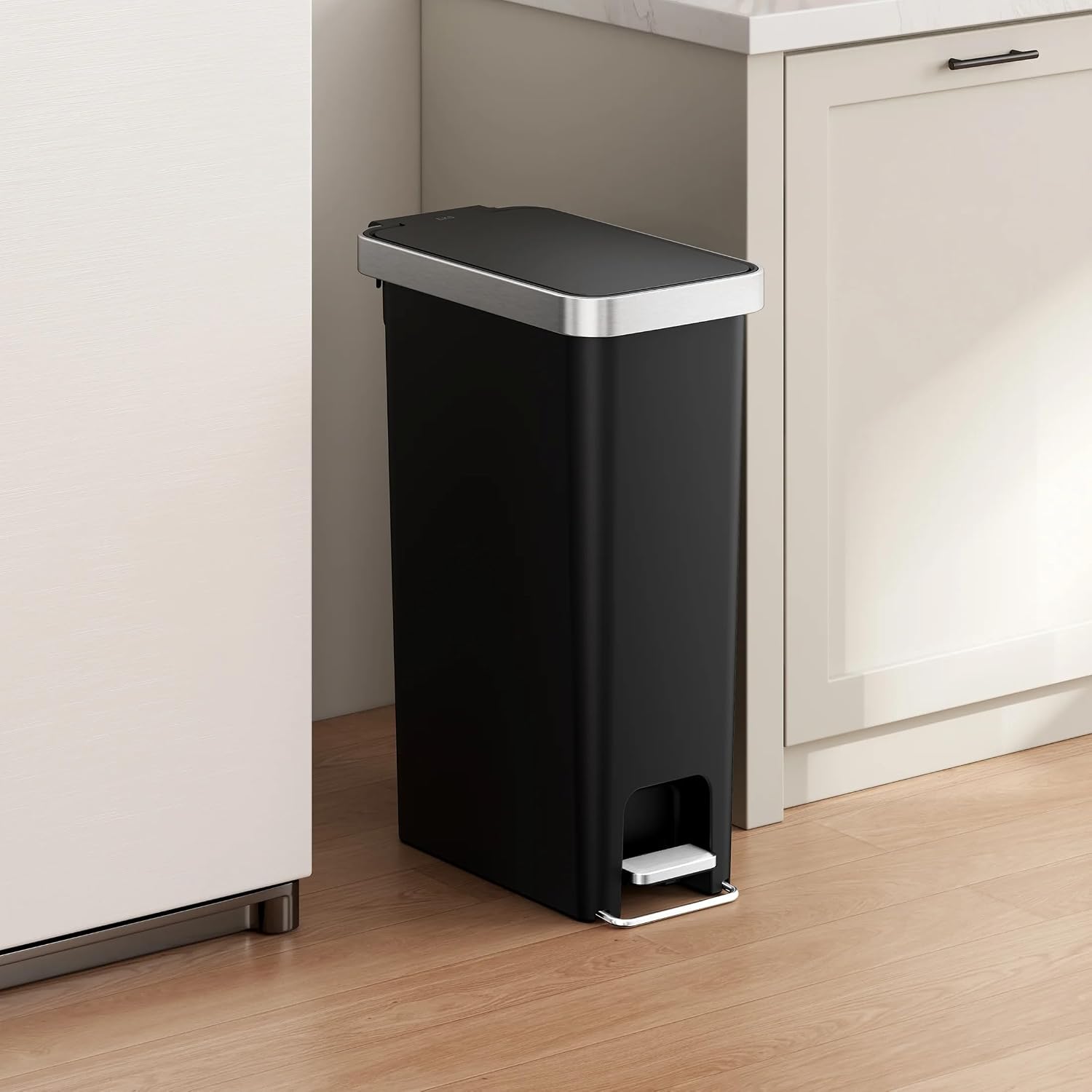 Slim Trash Can 19 Gallon, Black Step Garbage Bin with Soft Close Lid, Space Saving Vertical Design Fits Under Sink & Against Wall, for Large Kitchen/Family Home, Brushed Stainless Steel Pedal