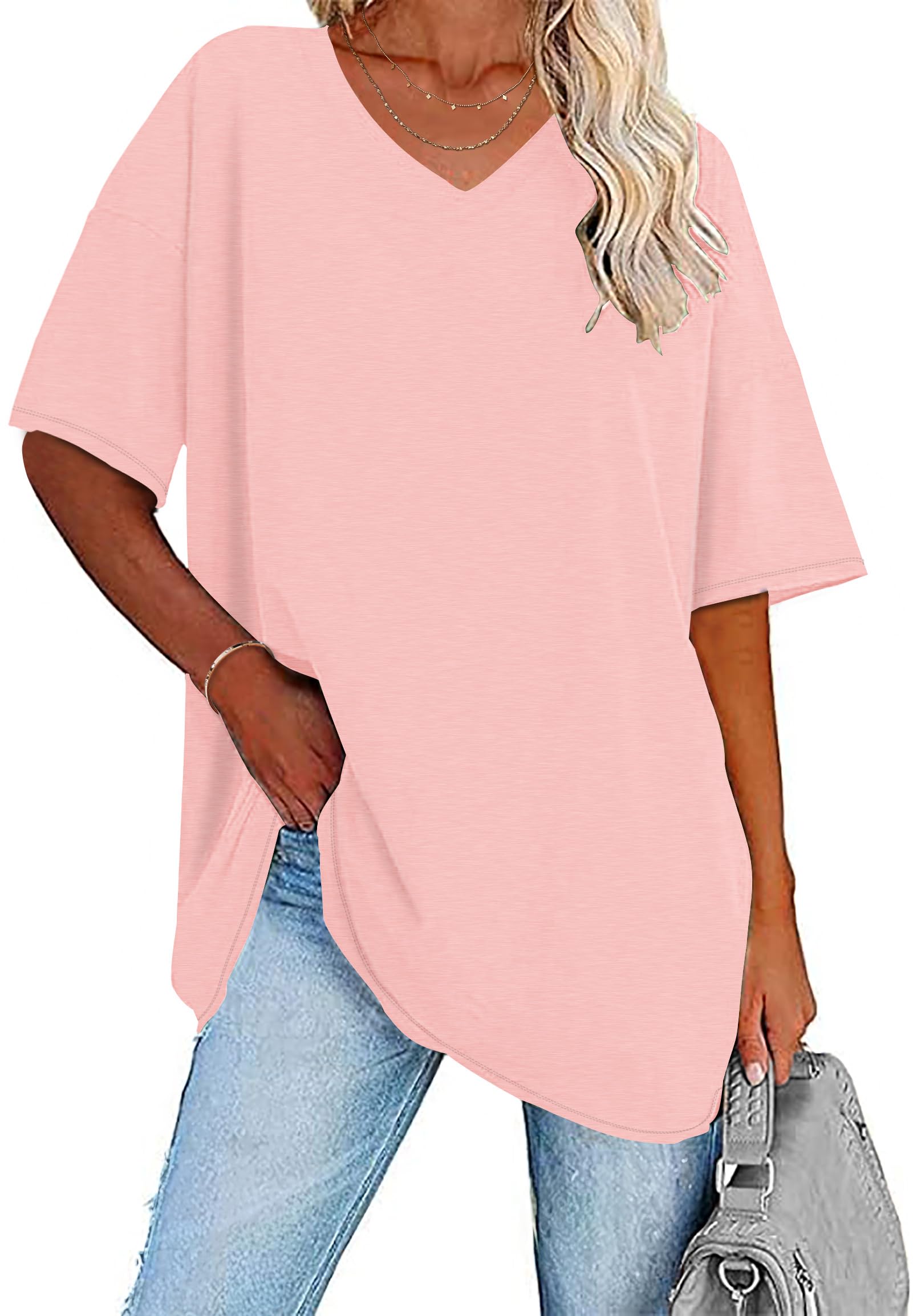 WNEEDU T-Shirt Damen Sommer Oversize Shirt Kurzarm V Ausschnitt Oberteile lässiges Top