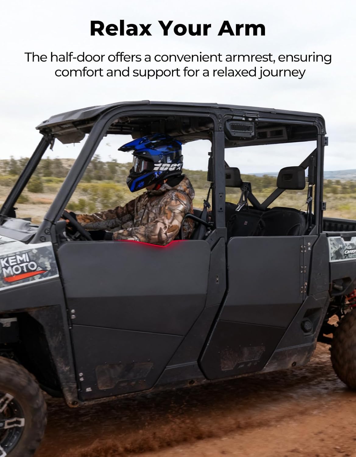 Driver resting arm on KEMIMOTO half door while operating UTV.