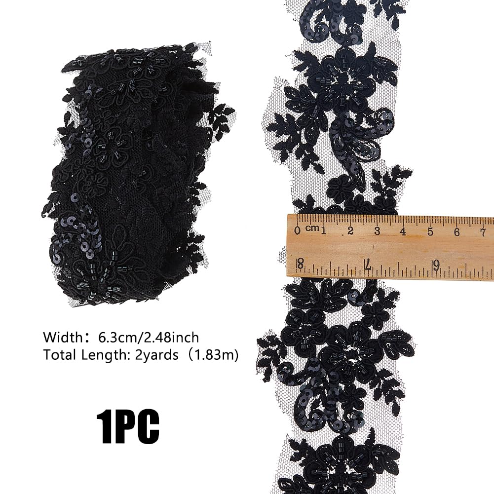 DICOSMETIC 2 yards x 2-1/2 pollici (63 mm) ricamati neri in pizzo con strass ricamati floreali con bordo in pizzo di lusso per abiti da sposa