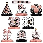 LINGTEER Happy 33rd Birthday Rose Gold Table Honeycomb Centerpieces Cheers to 33rd Birthday 33 Years Old Party Table Decorations Gift Sign.