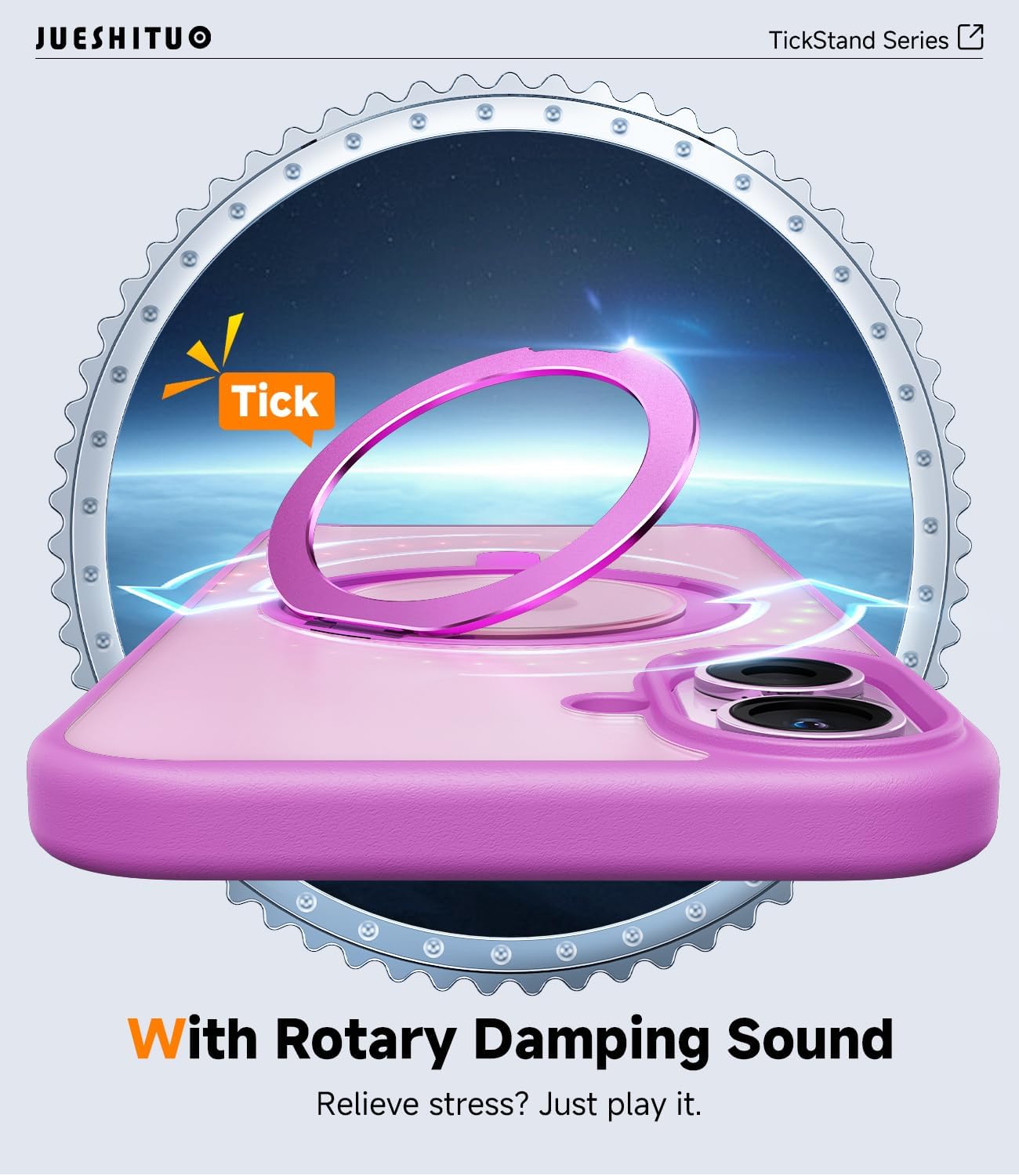 JUESHITUO 3 in 1 for iPhone 16 Case, 360° Rotatable Magnetic Ring Stand with [Rotary Damping Sound] [1X Screen Protector + 1X Camera Lens Protector] Shockproof Matte Slim Phone Cover 6.1", Pink