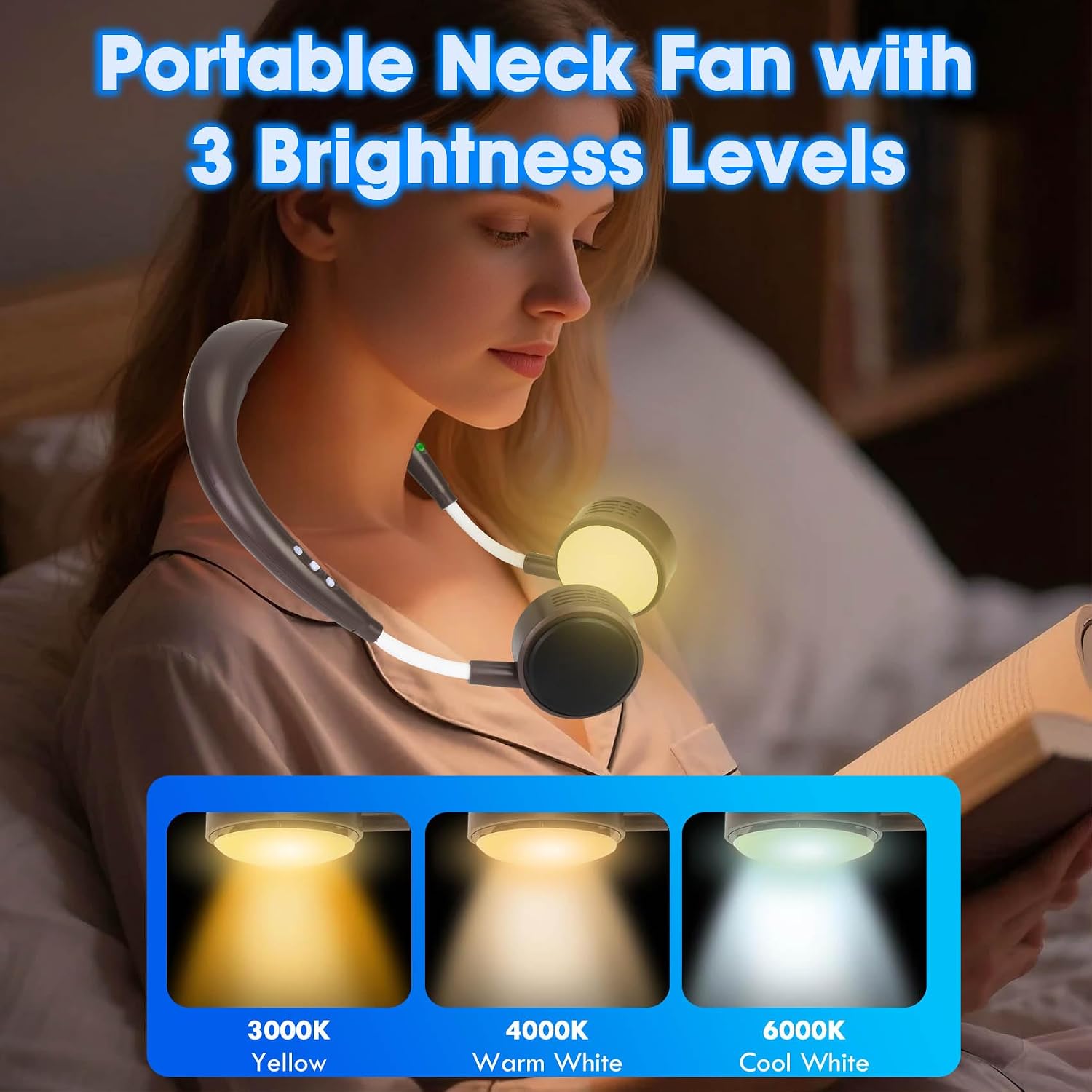 Rechargeable Neck Fan, LED Hands Free Neck Reading Light With Fan image 5