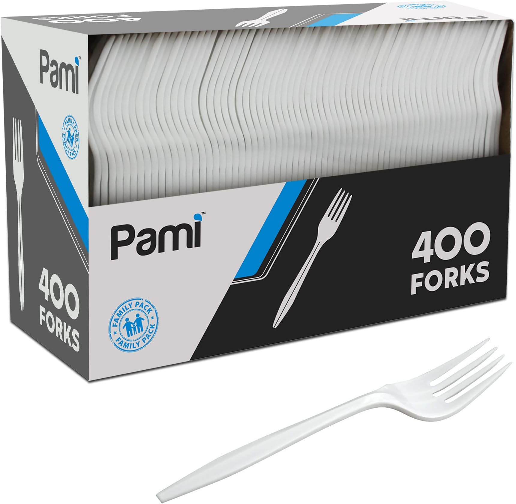 - PAMI Medium-Weight Disposable Plastic Forks [400-Pack] - Bulk White Plastic Silverware For Parties, Weddings, Catering Food Stands, Takeaway Orders & More- Sturdy Single-Use Partyware Forks