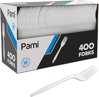 PAMI Medium-Weight Disposable Plastic Forks [400-Pack] - Bulk White Plastic Silverware For Parties, Weddings, Catering Food Stands, Takeaway Orders & More- Sturdy Single-Use Partyware Forks