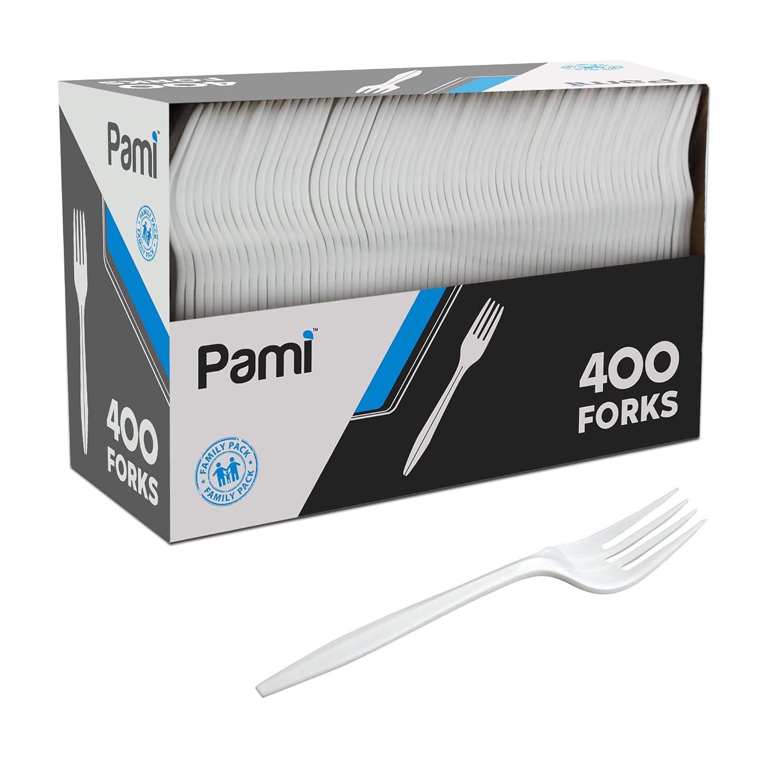 PAMI Medium-Weight Disposable Plastic Forks 400-Pack - Bulk White Plastic Silverware For Parties Weddings Catering Food Stands Takeaway