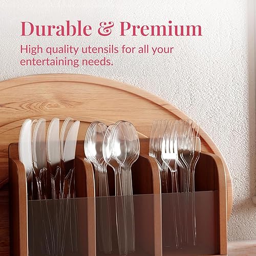 Vista 31 de Prestee - Juego de cubiertos desechables de plástico, 300 unidades, 100 tenedores / cucharas / cuchillos, desechables, color plateado