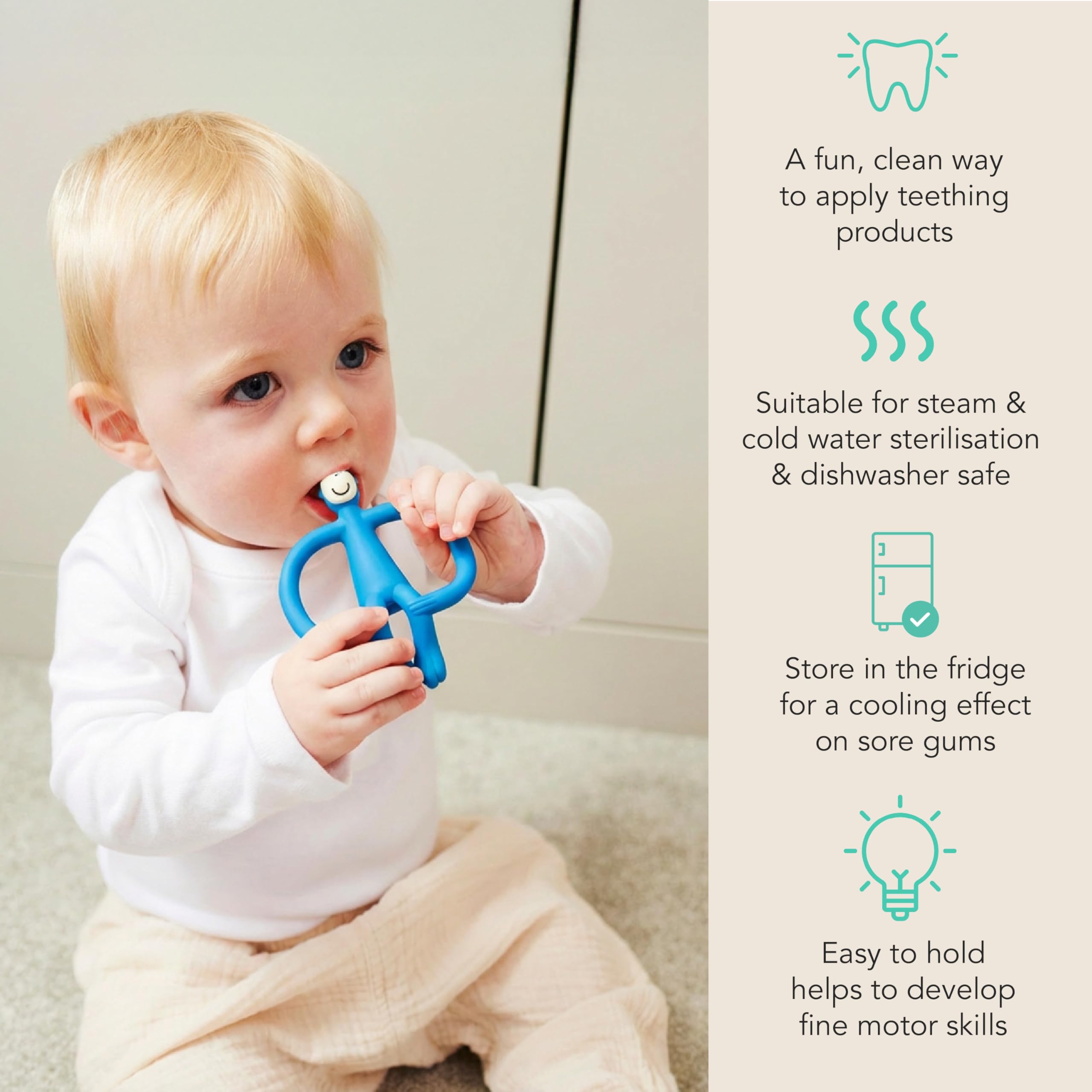Matchstick Monkey, Original Teether & Gel Applicator, Antimicrobial Silicone Teething Toys for Baby, Easy to Grip, BPA Free, 3 Months Old+, 10.5 cm, Blue Monkey - 5