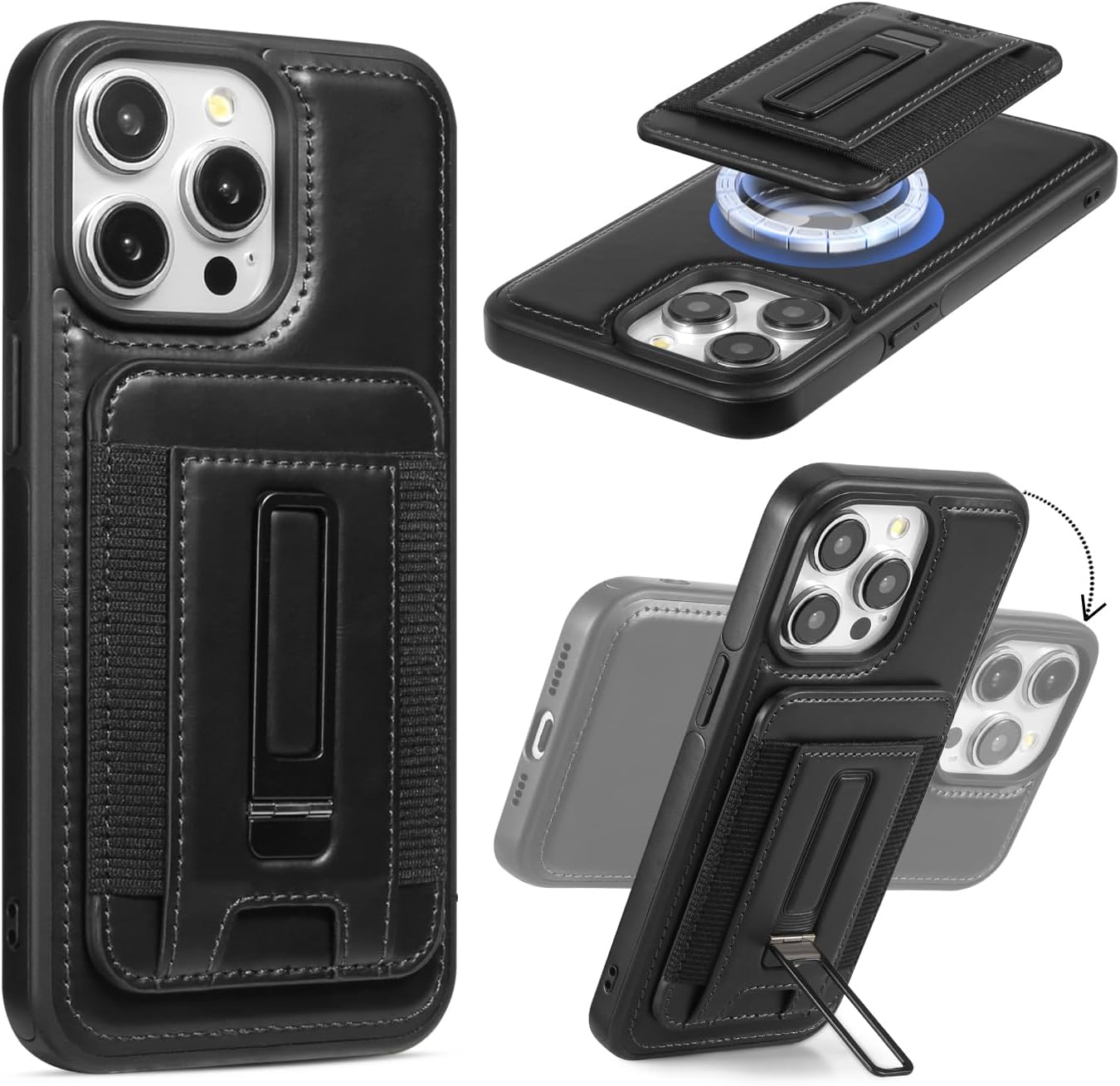 Detachable Card Holder for iPhone 16 Pro Case Leather with Stand, fits for MagSafe, Adjustable Kickstand Wallet,Strong Magnetic Leather Case with Screen Protector (Black, IP16 Pro-6.3inch) IP16 Pro-6.3inch Black