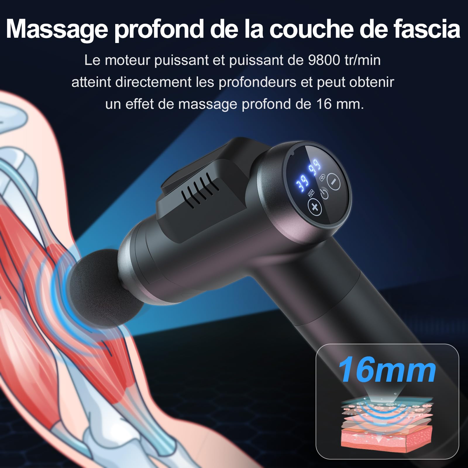 Pistolet de Massage Professionnel 99 Vitesses avec Écran LCD Tactile - Massage Musculaire Profond pour Dos, Épaules, Jambes - 6 Embouts, Silencieux, Anti-Douleur, Charge Type-C - Cadeau Femme/Homme