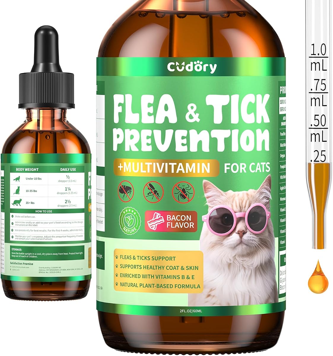 Flea and Tick Prevention for Cats –Cudory Fleas Drops with Multivitamin | Natural Herbal Fleas and Ticks Drops Comfort Itch Allergy Skin & Coat Support for Cat All Breeds & Ages – Bacon Flavor 60ml