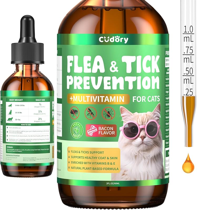 Flea and Tick Prevention for Cats –Cudory Fleas Drops with Multivitamin | Natural Herbal Fleas and Ticks Drops Comfort Itch Allergy Skin & Coat Support for Cat All Breeds & Ages – Bacon Flavor 60ml