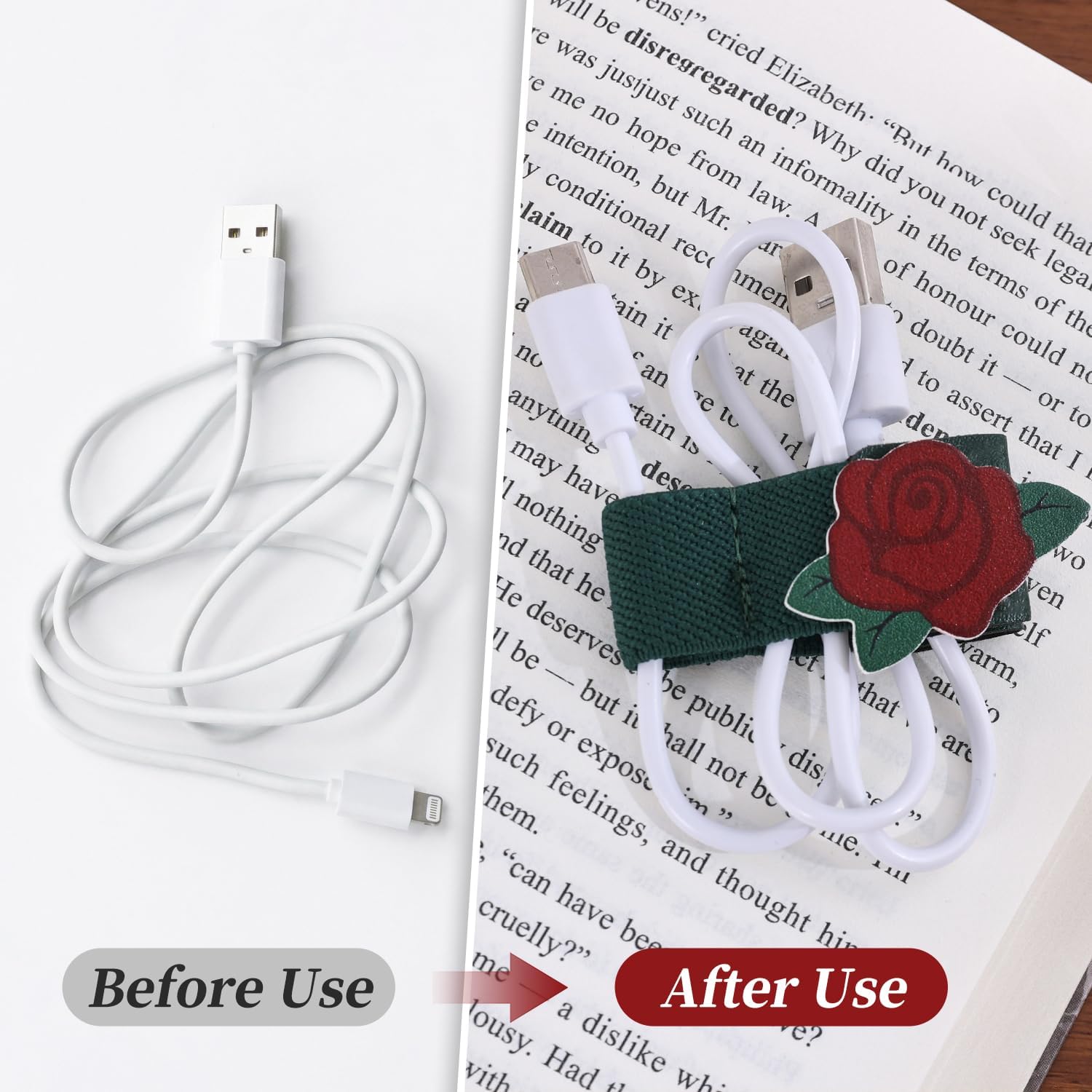 2 PCS Cord Organizer,Cord Keeper,Cable Organizer USB Holder,Cable Straps,Earbud case,wrap Headphone,Headset Winder,Earphone Clips Ties,stocking stuffers Gifts for Women Leather Rose image 4