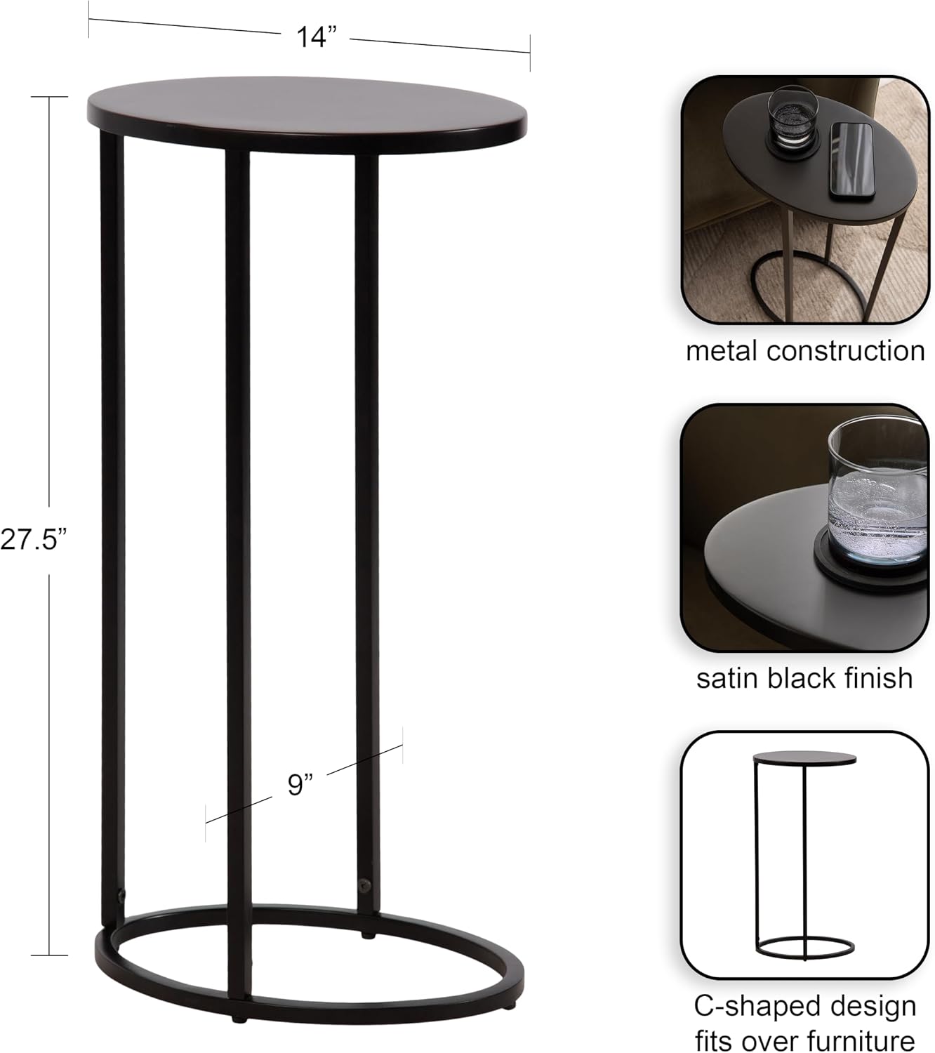 Kate and Laurel Natalli Modern Glam Metal Oval C-Table, 14 x 9 x 28, Black, Transitional Elegant Round C-Shaped Side Table for Use as Bedroom or Living Room Decor