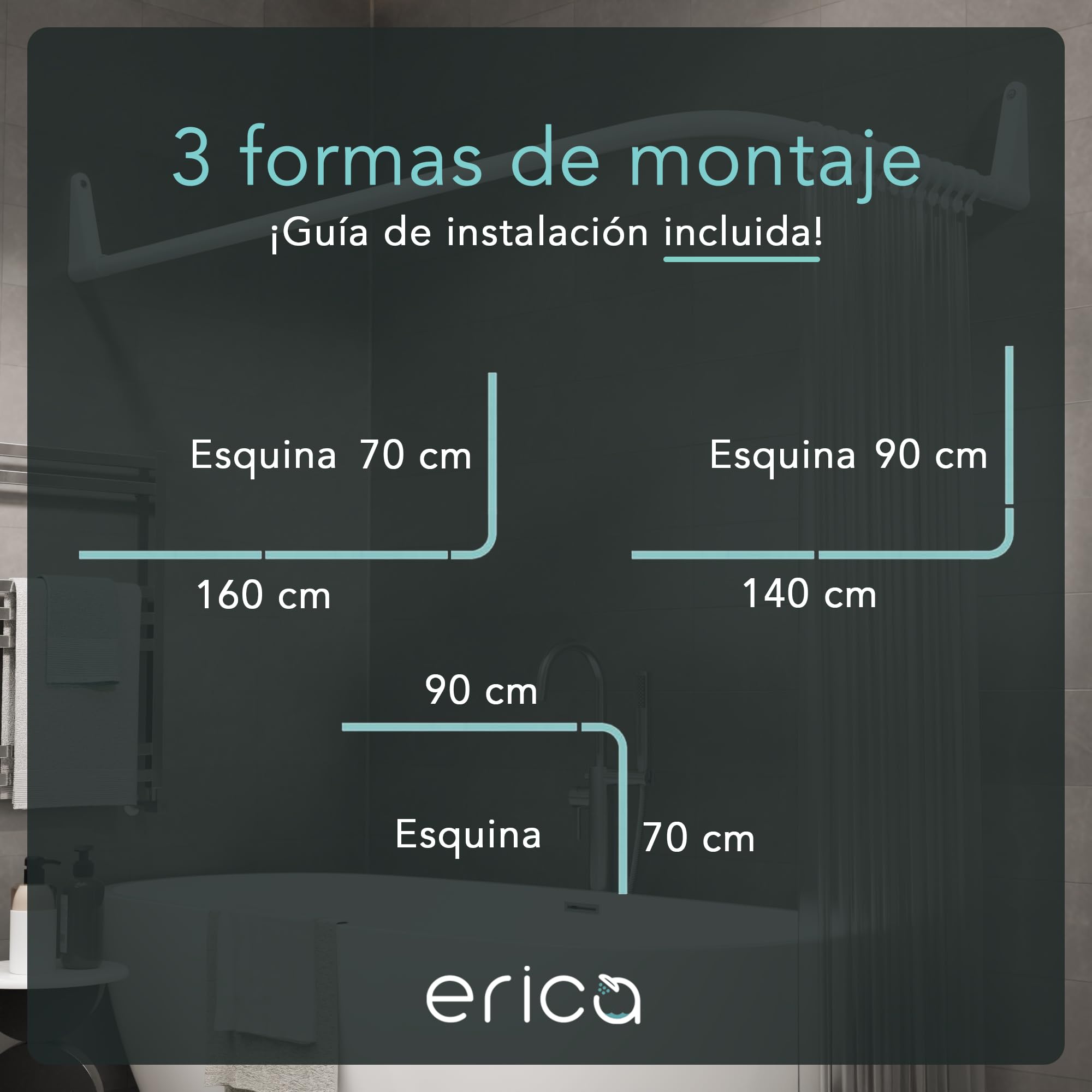Erica Barra Ajustable en Forma de L para Cortina de Ducha de Bañera, Blanca | 70x90cm / 70x160cm / 90x140cm; Barra de Ducha con Montaje en Pared; Barra de Ducha Curva; Acero con Recubrimiento en Polvo