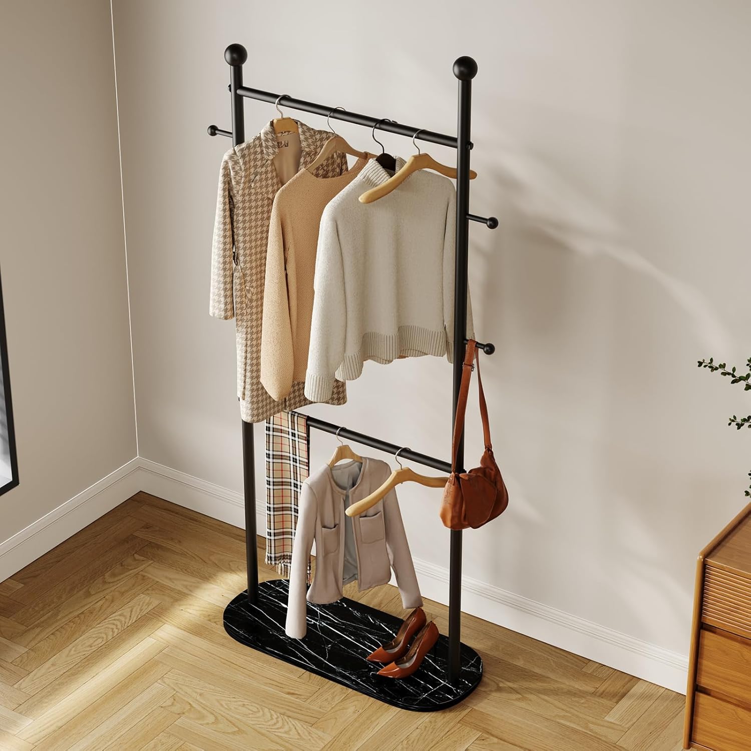 Gold Clothing Rack Marble Base,Double Rod Clothes Rack for Hanging Clothes, Heavy Duty Garment Rack for Home Retail Boutique (black)