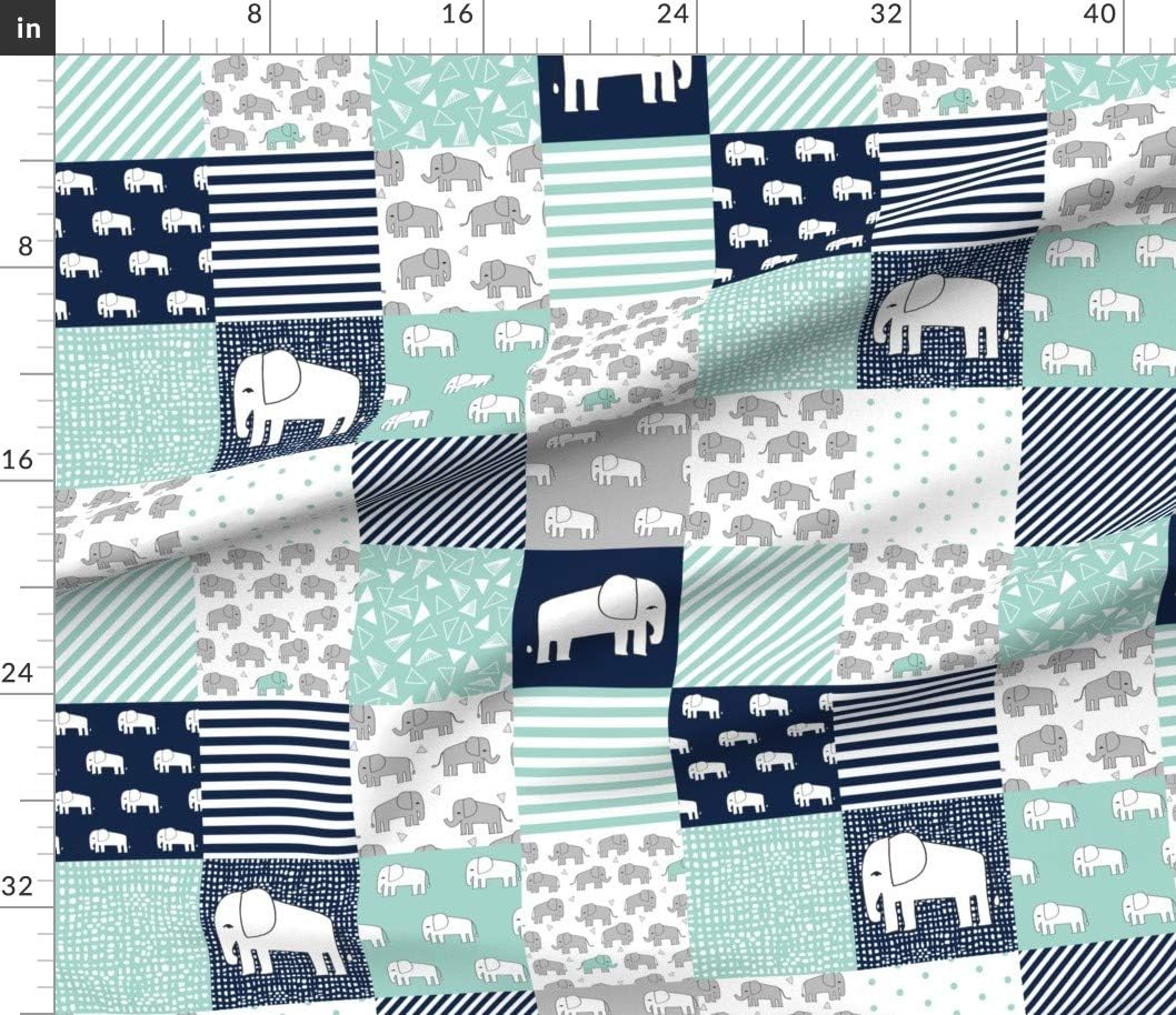 Spoonflower Fabric - Elephants Navy Mint Elephant Nursery Wholecloth Quilt Squares Cheater Printed on Petal Signature Cotton Fabric by The Yard - Sewing Quilting Apparel Crafts Decor