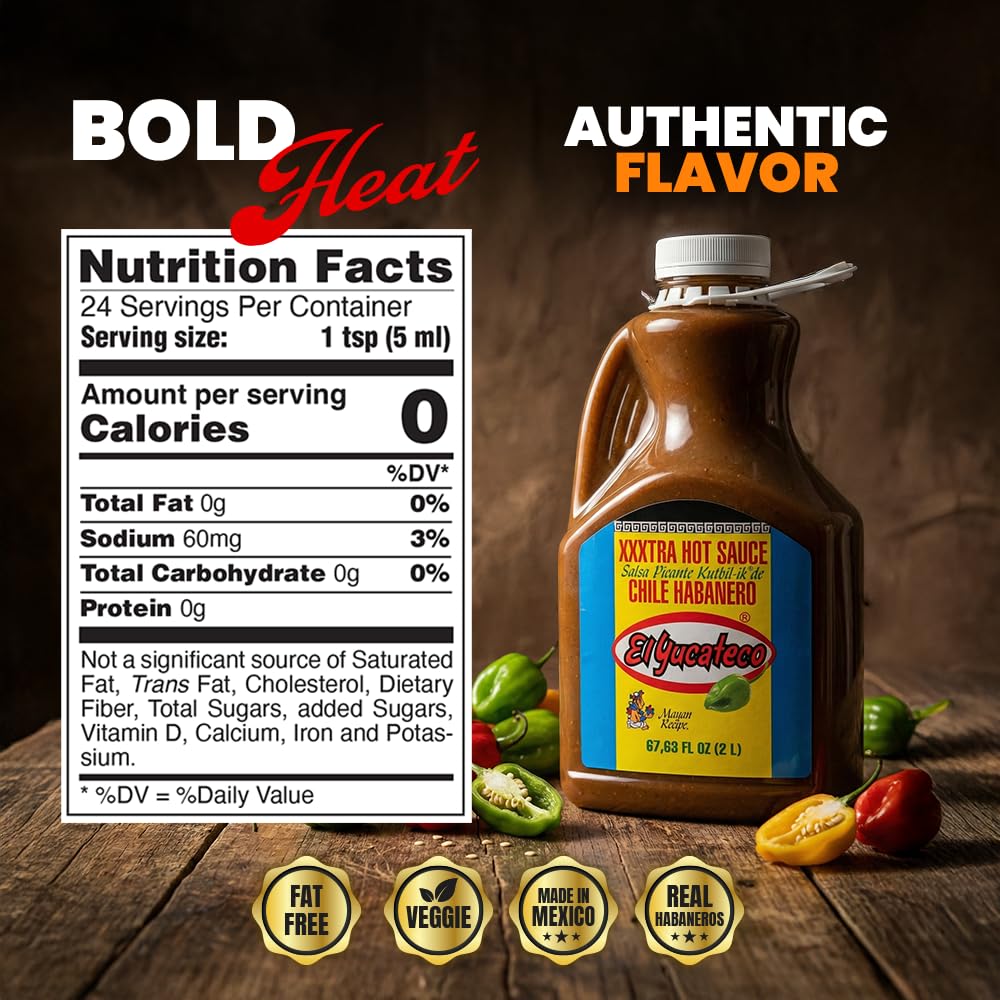 El Yucateco XXXtra Hot Habanero Sauce, 67.63 oz., 11,250 Average Scoville Units, Gluten Free, Sugar Free