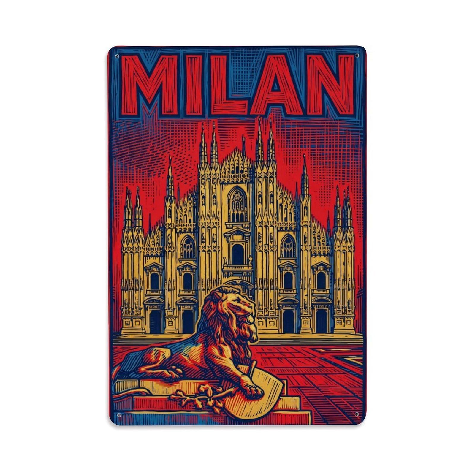 Olhnbad Style Cityscape Milan Italy Woodcut City Travel Metal Tin Sign