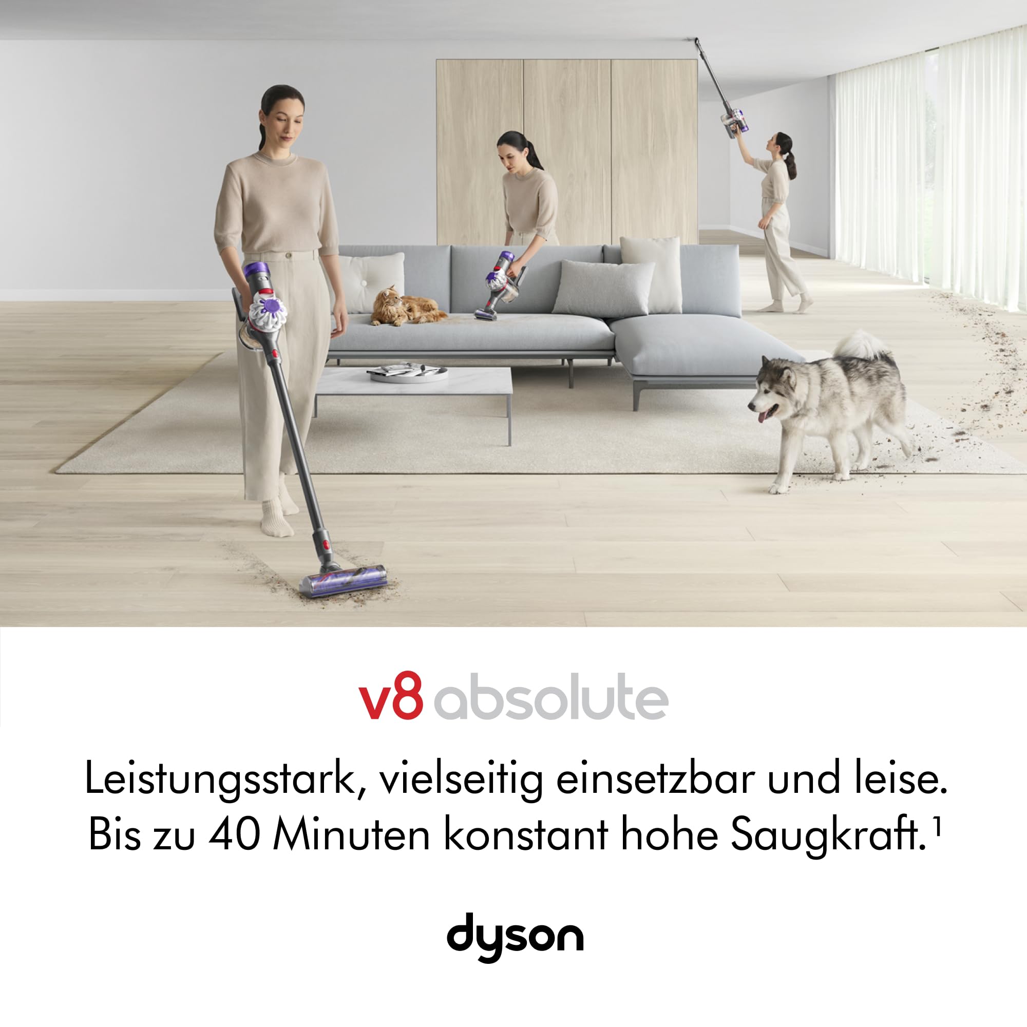 Dyson V8 Absolute Kabelloser Staubsauger, 115 AW, bis zu 40 Min Laufzeit, Motorbar mit Haarentwirrungstechnologie, entfernt Tierhaare, Fluffy Bodendüse, Hand- und Bodenstaubsauger