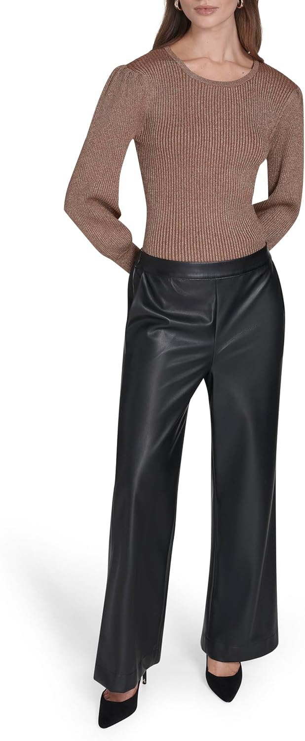 Halston Women's Vegan Leather Wide Leg Trouser Pants with Pockets