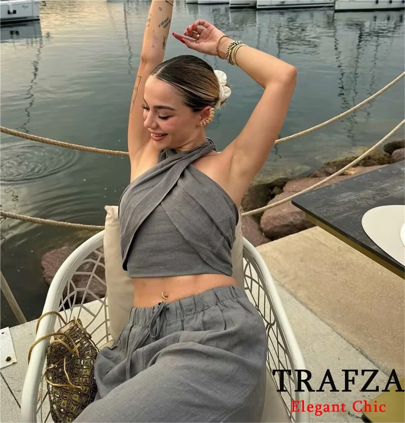 Top con Espalda Cruzada Conjunto de Camisola Cruzada Informal Sexy for Mujer, Conjunto pantalón Playa for Vacaciones Primavera y Verano, Top con Cuello Halter(Gray Set,S)
