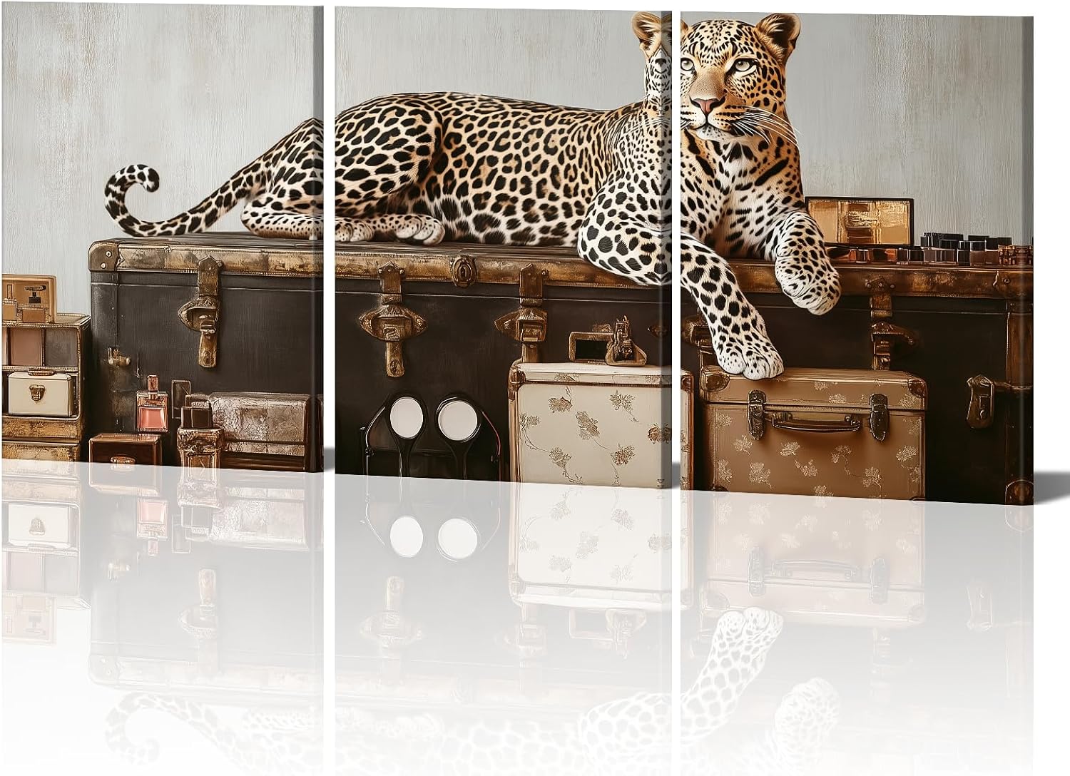 Leopard Wall Art 3 Piece Black and White Animal in Flower Bush Pictures Framed Canvas Prints Modern African Animal Artwork for Girl Bedroom Office Living Room Decoration(16"x24"x3)