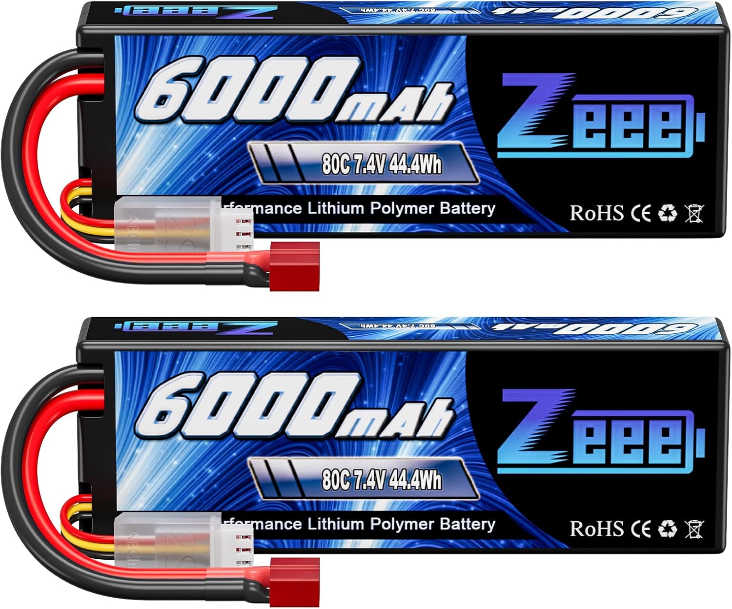 Zeee 2S Lipo Battery 6000mAh 80C 7.4V Hard Case RC Battery with T Connector for 1/8 Scale RC Car RC Airplane RC Helicopter RC Boat (2 Pack)
