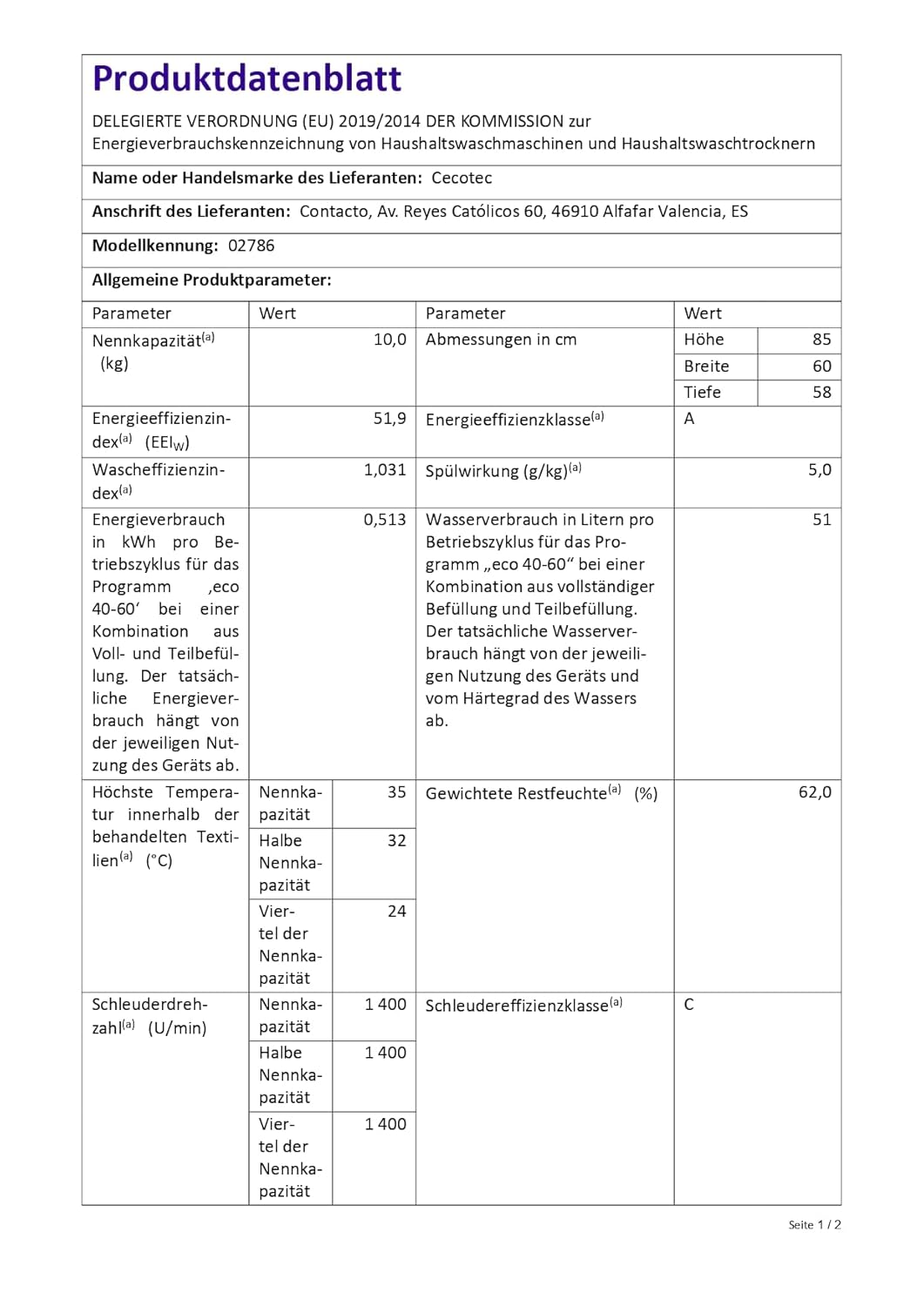 Energy efficiency label for Cecotec Bolero DressCode 10800 washing machine