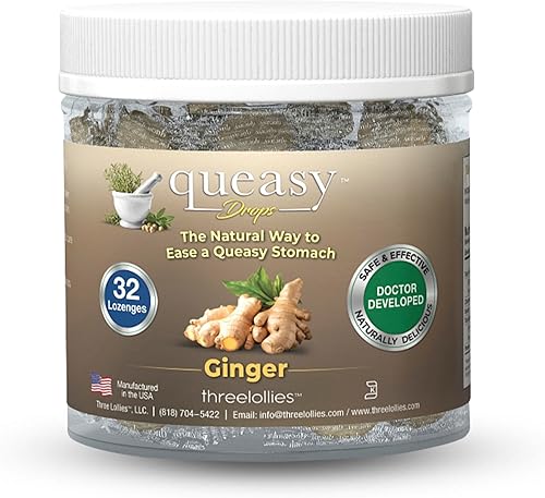 Three Lollies Queasy Drops - Sabor a jengibre - Alivio de náuseas y enfermedades de viaje, alivia la boca seca y asienta el estómago - Ingredientes