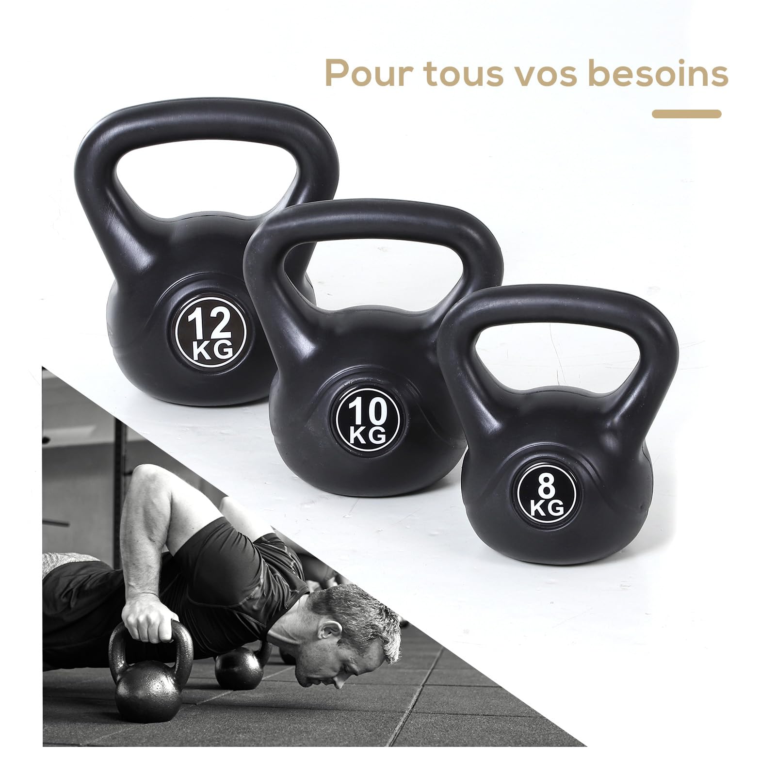 HOMCOM Kettlebell, haltère avec poignée ergonomique, haltère à boule, musculation, entraînement, pour fitness, gym, noir