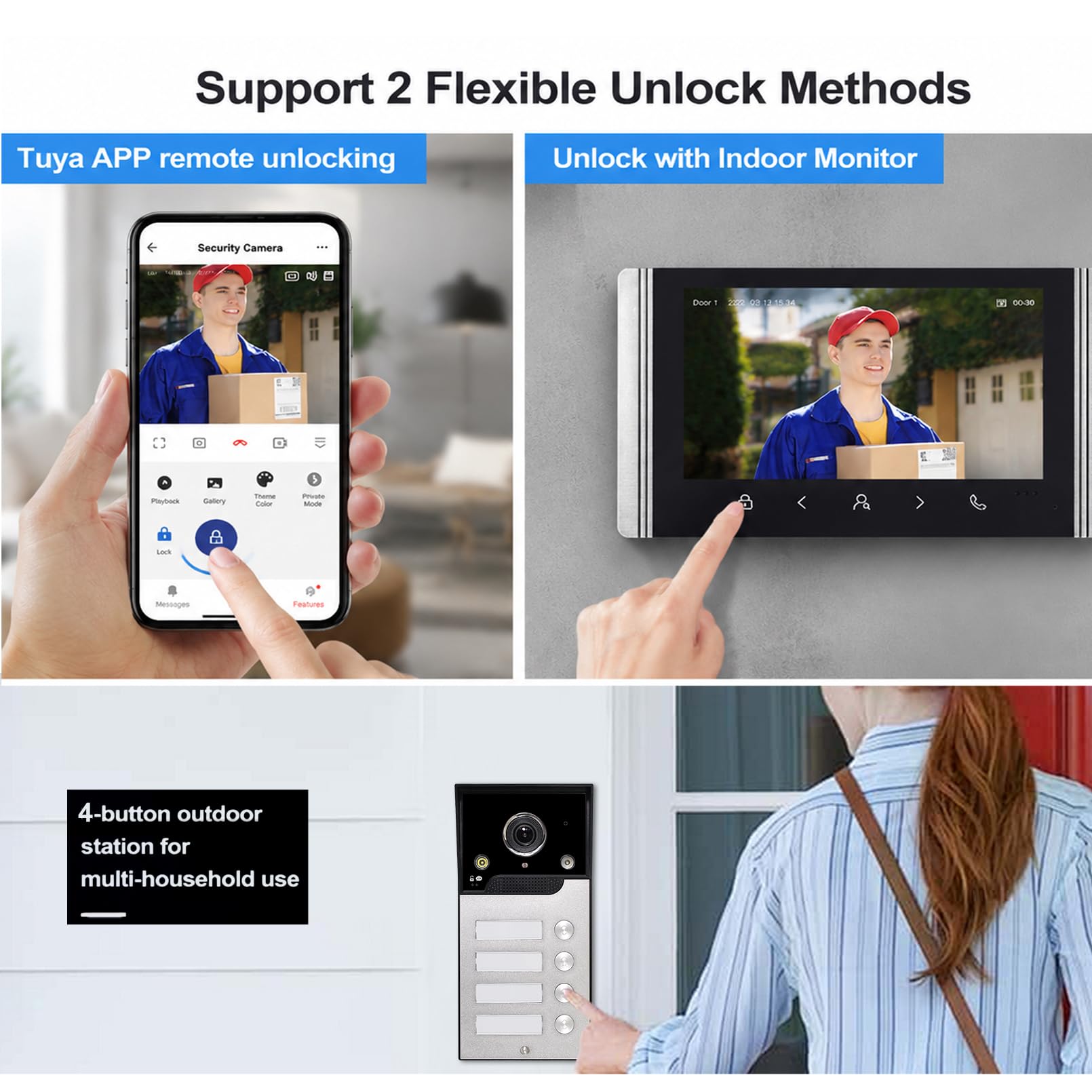 Wifi Wireless Video Türsprechanlage,1080P Außenenkamera,7 Zoll Touchscreen Wireless Monitor,PIR Bewegungserkennung,Nachtsicht,Tuya APP Steuerung (4 Familienhaus)