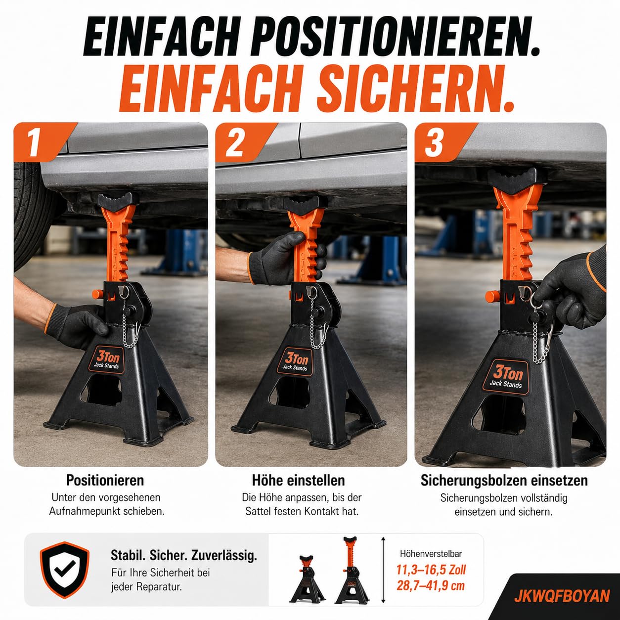 Unterstellböcke Stützböcke 3T, Unterstellbock, Unterstellböcke Kfz Sicherungssplint und Gummiauflagen PKW Wagenheber Tragkraft aus Gusseisen KFZ Stützböcke stufig höhenverstellbar 28 – 42,5 cm